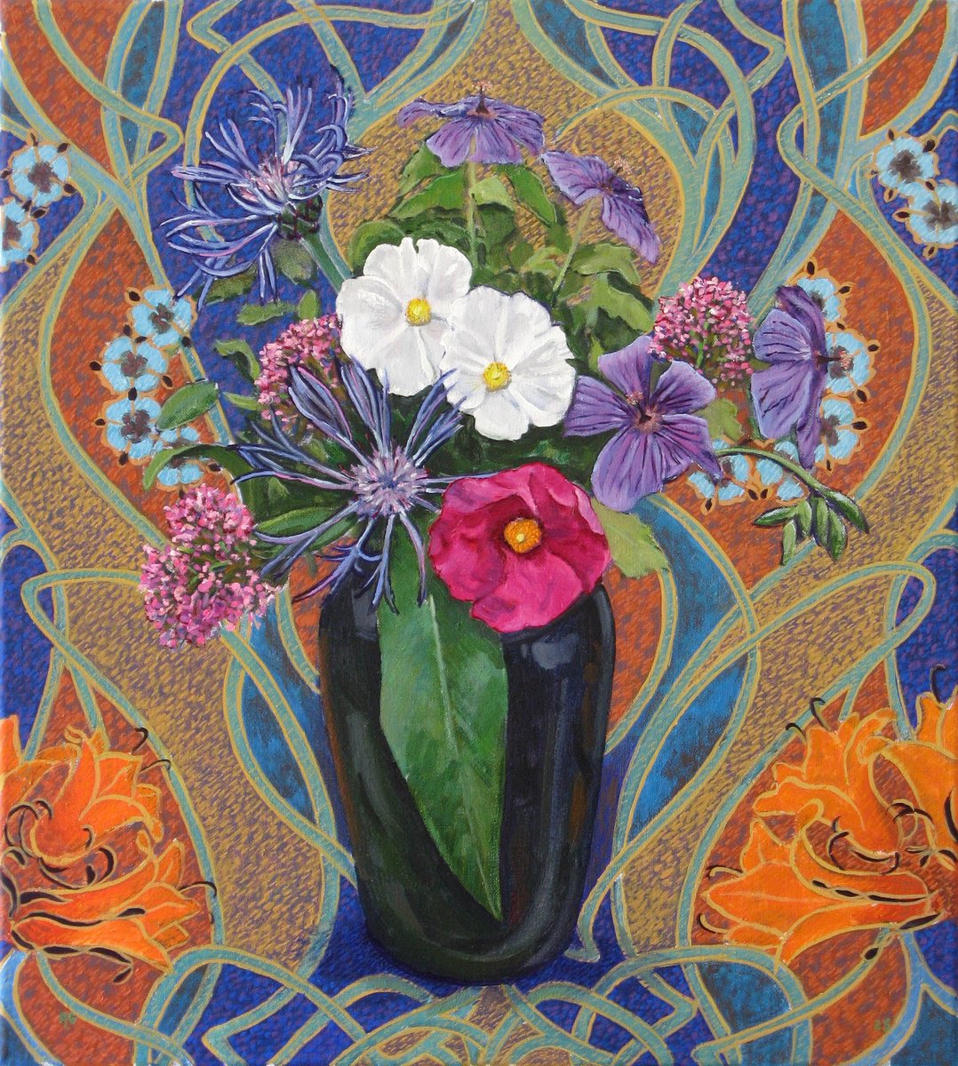 Botanical Oil Painting By Richard Gibson, 18 X 20", Mixed Flowers In A Green Vase, Original Artwork
