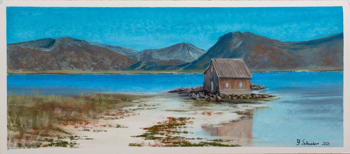 Impressionistic Landscape Pastel Drawing By Yulia Schuster, 20 X 9", Lakeside Reverie, Original Artwork