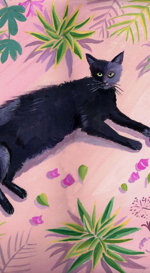 Black cat in the garden by Mary Stubberfield