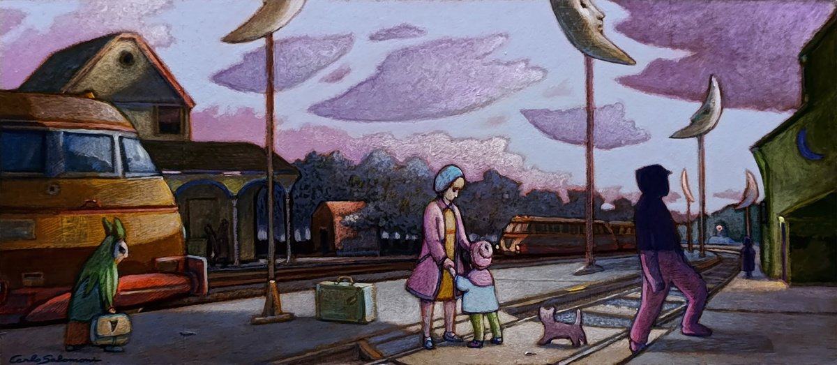 Illustrative Cityscapes Acrylic Painting By Carlo Salomoni, 22 X 9, The Half Shadow, Original Artwork