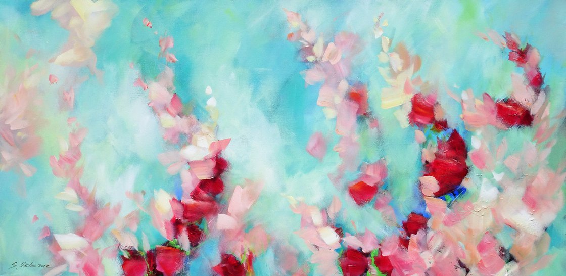Bright pink abstract art painting with turquoise and red - wow!