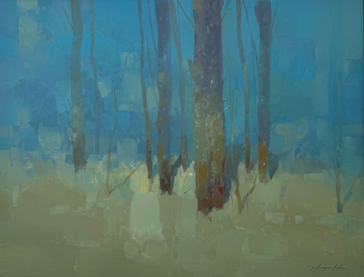 Impressionistic Landscape Oil Painting By Vahe Yeremyan, 38 X 27", Trees In Turquoise, Original Artwork