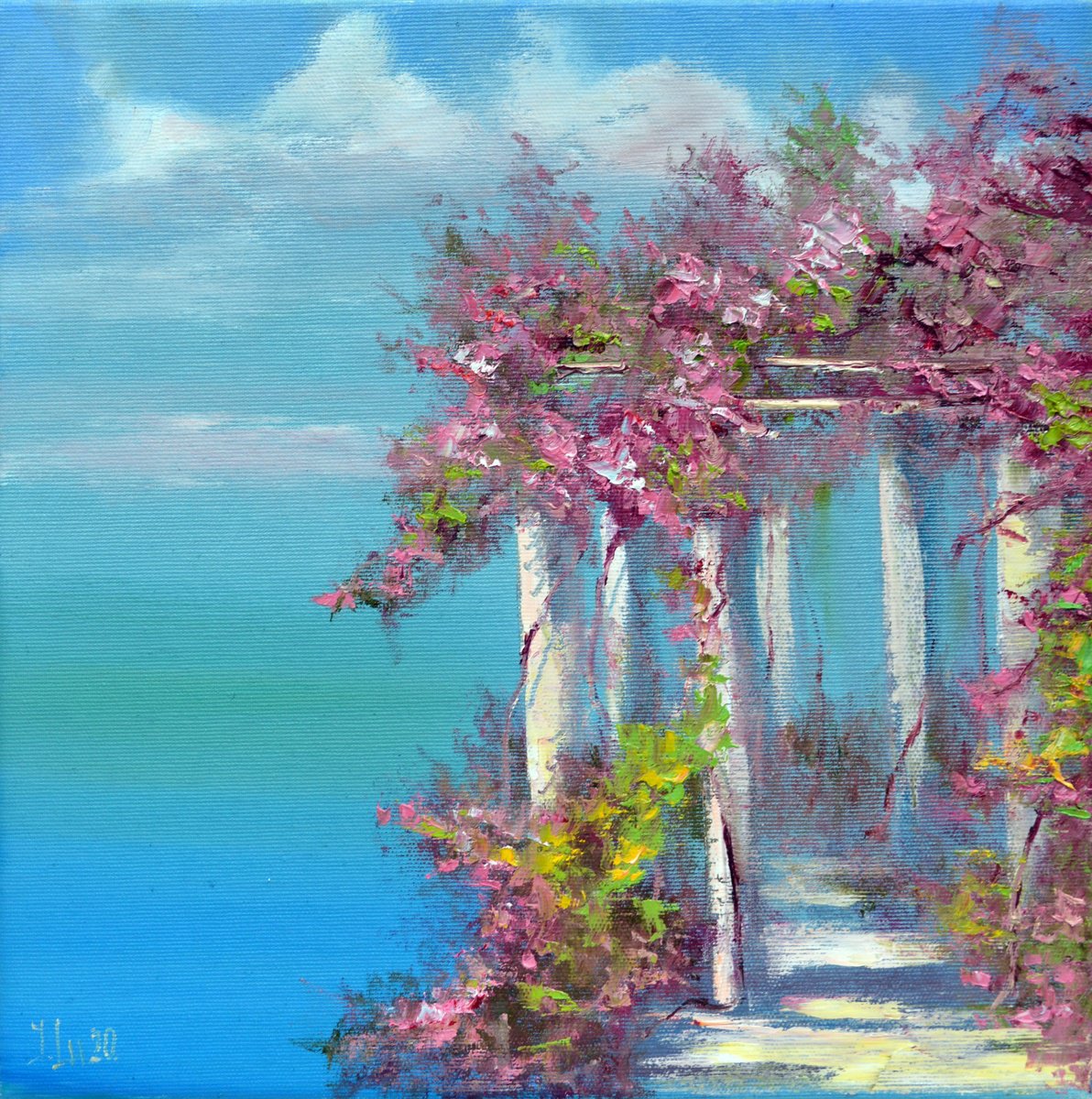 Impressionistic Landscape Oil Painting By Elena Lukina, 12 X 12, Blooming Terrace, Original Artwork