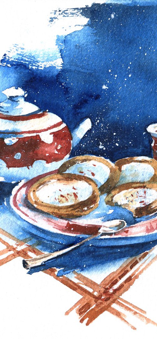 Small watercolor sketch "Tea drinking" by Ksenia Selianko