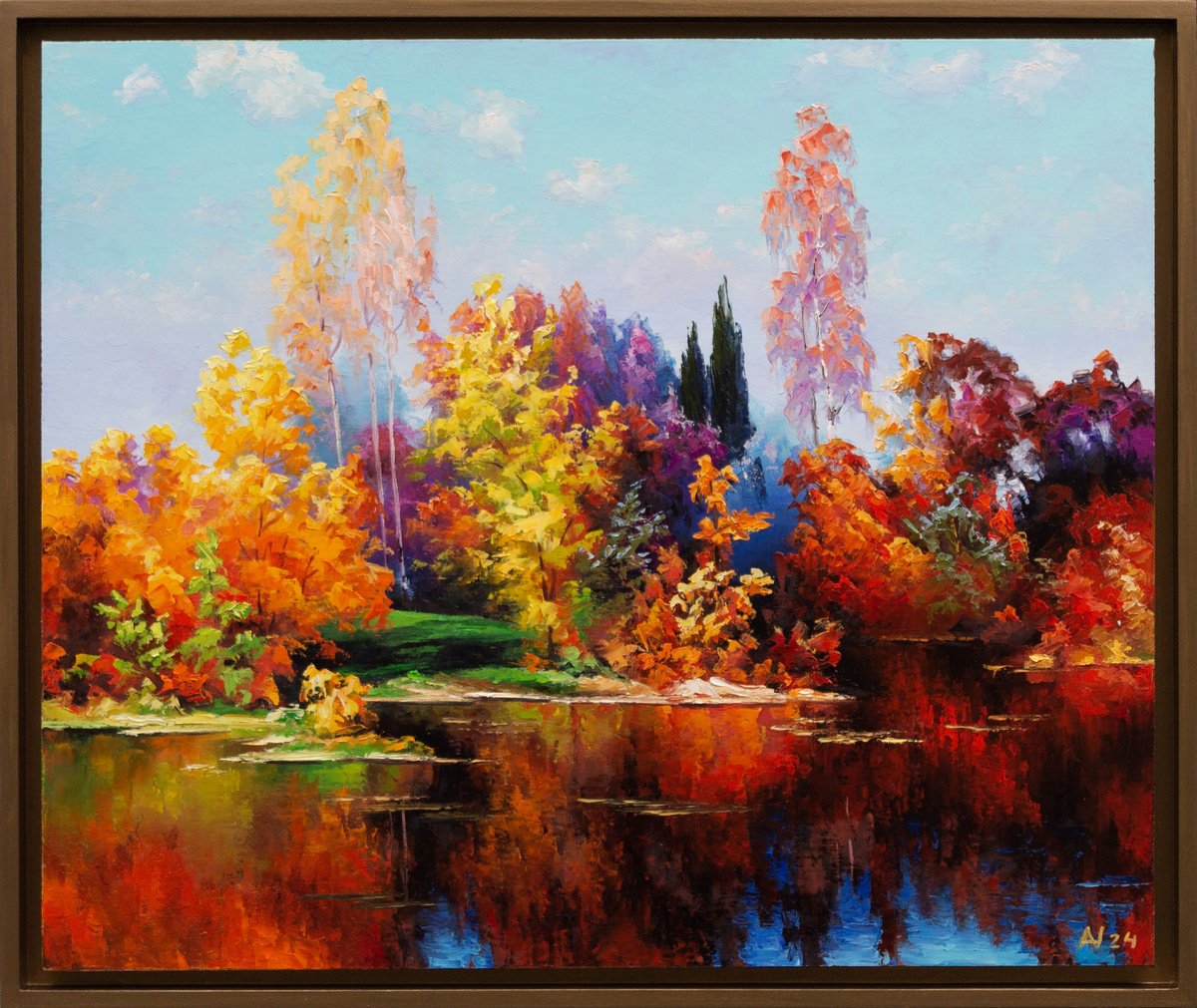 Impressionistic Landscape Oil Painting By Oleksii Vylusk, 25 X 21", Autumn River 03, Original Artwork