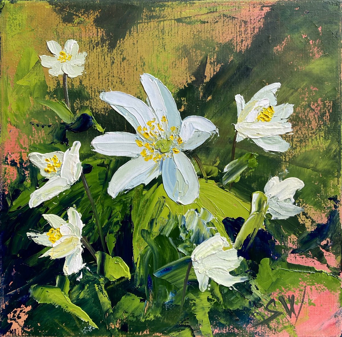 Impressionistic Botanical Oil Painting By Silvie Wright, 8 X 8", Woodland Anemone, Original Artwork