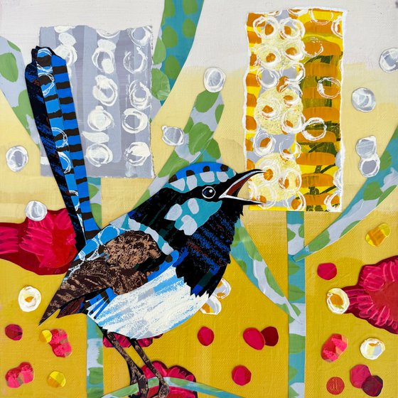 Blue Wren and Banksias Collage Painting