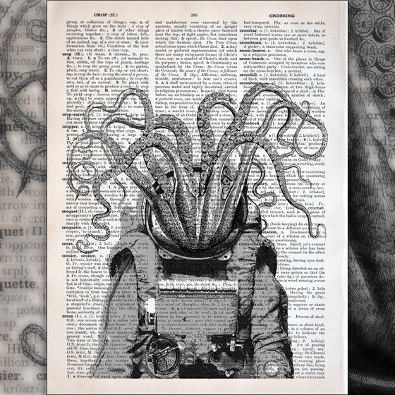 Octopus Astronaut - Collage Art Print on Large Real English Dictionary Vintage Book Page