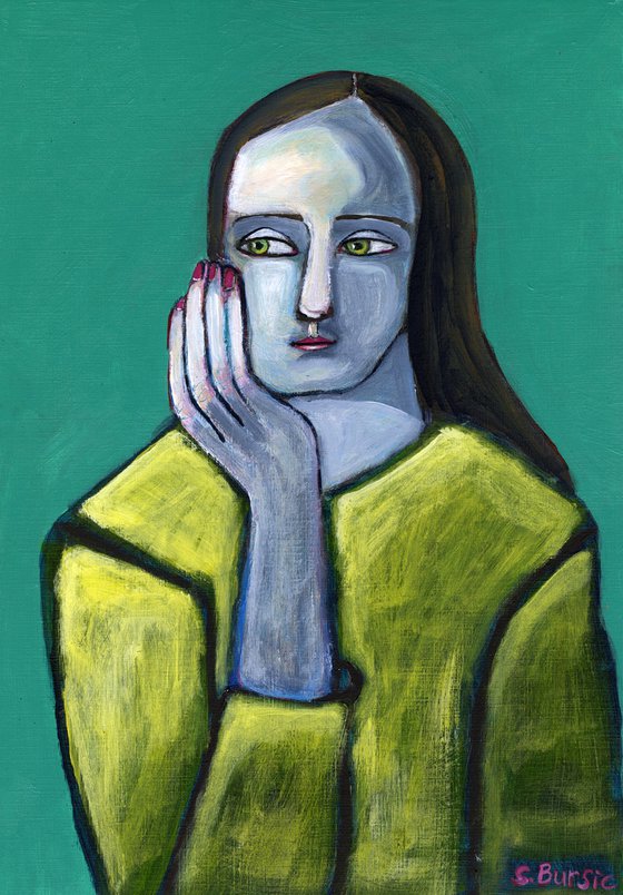 Lady with big hands - Vintage Figurative Expressionism Green sitting woman