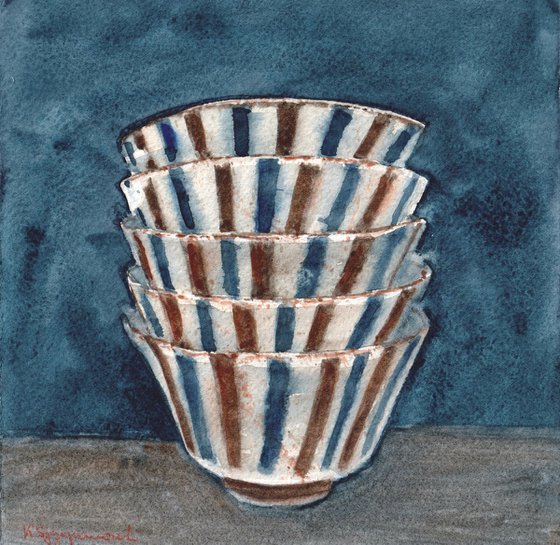 Blue and brown striped bowls