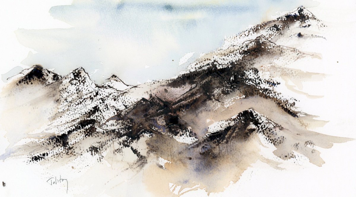 Impressionistic Landscape Watercolour By Alex Tolstoy, 12 X 7, Mountains, Original Artwork