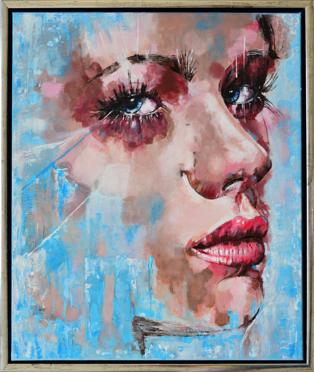Expressive Portrait Acrylic Painting By Misty Lady - M. Nierobisz, 21 X 25", Anxiety, Original Artwork