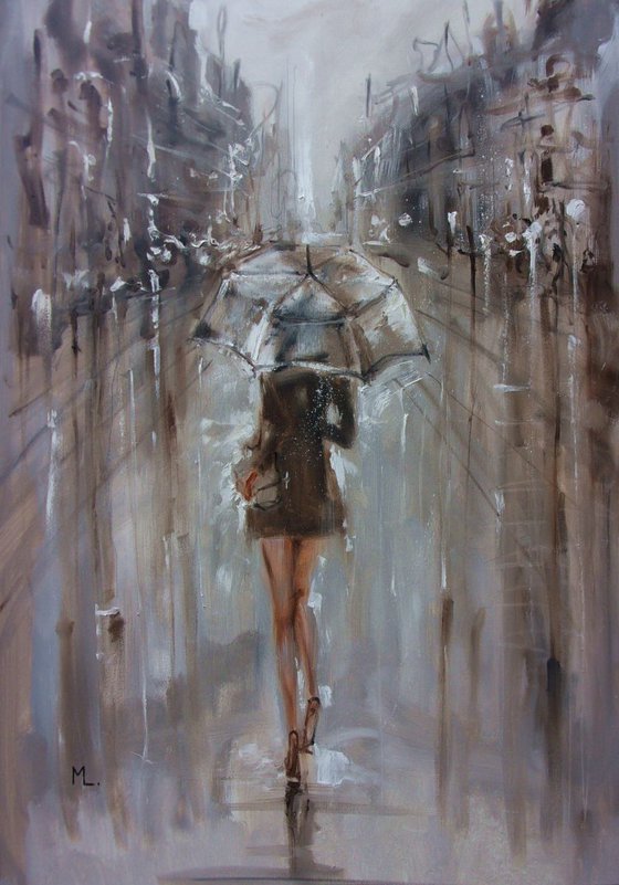 100x70cm LARGE FORMAT "  AUTUMN RAIN ... " original painting CITY palette knife GIFT MODERN URBAN ART OFFICE ART DECOR HOME DECOR GIFT IDEA