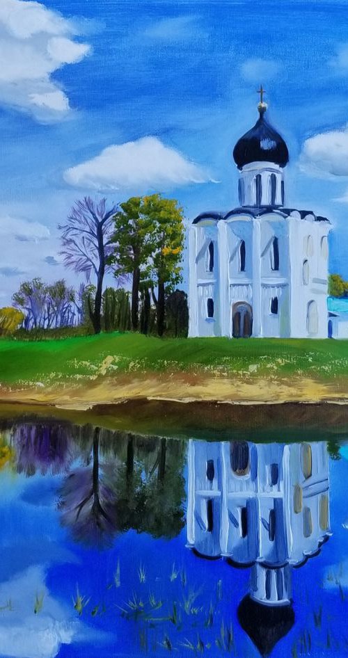 The Church of the Intercession of the Holy Virgin on the Nerl River (Russia, Vladimir Region). Original Painting on Canvas. Landscape painting. Easter Gift. 16" x 20". 40,6 x 50,8 cm. by Alexandra Tomorskaya/Caramel Art Gallery