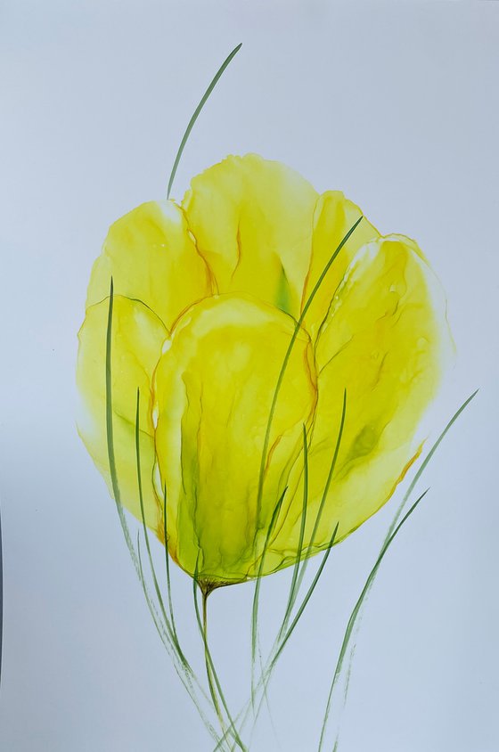 YELLOW GREEN FLOWER, ABSTRACTION - alcohol ink , plastic paper