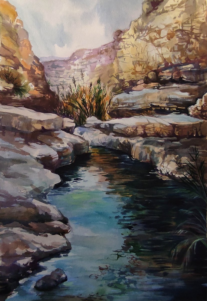 Impressionistic Landscape Watercolour By Maria Kireev, 17 X 25", River Prat, Original Artwork