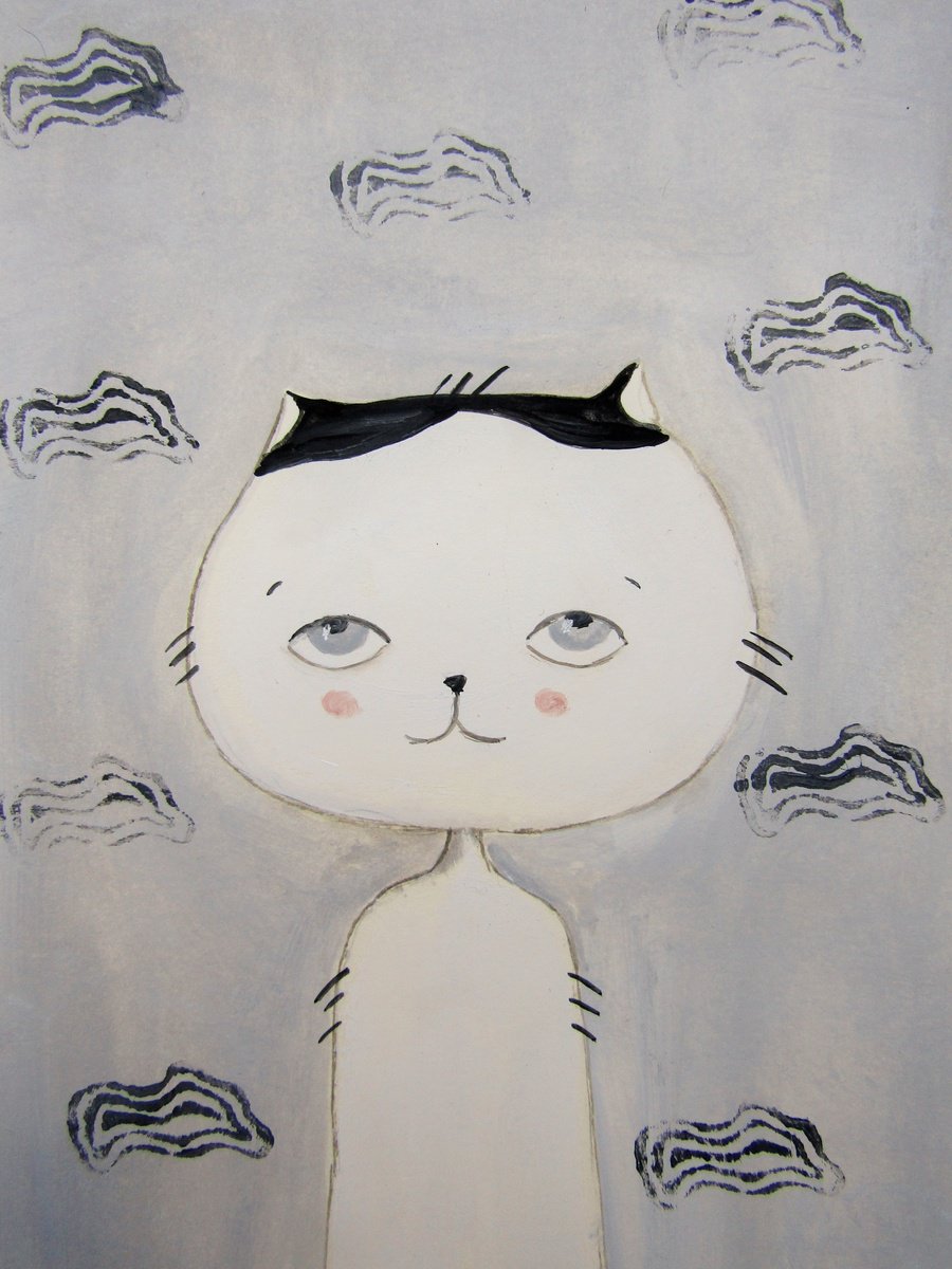 The funny cat in black and white - oil on paper by Silvia Beneforti