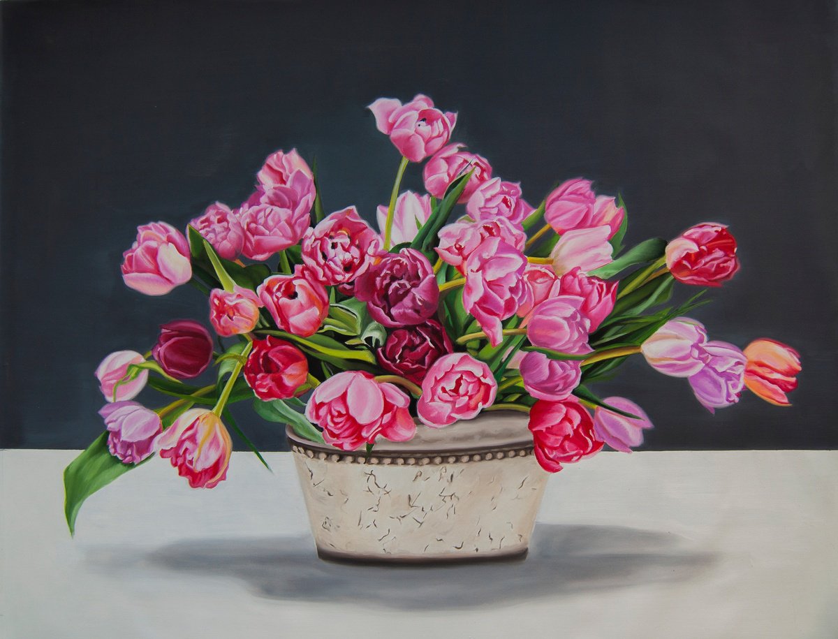 Photorealistic Botanical Oil Painting By Simona Tsvetkova, 35 X 28", Tulips Ii, Original Artwork