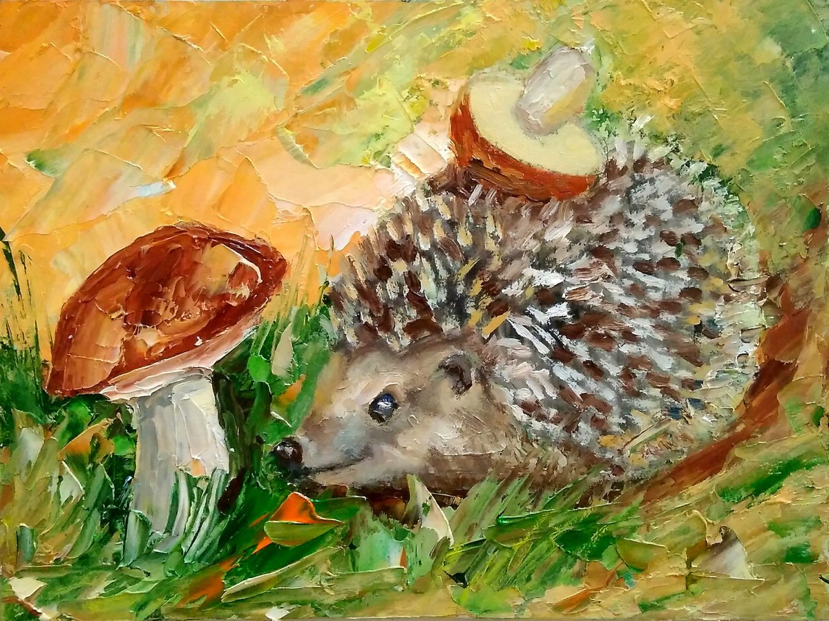 Hedgehog Painting Original Art Forest Animal Artwork Mushroom Wall Art by Yulia Berseneva