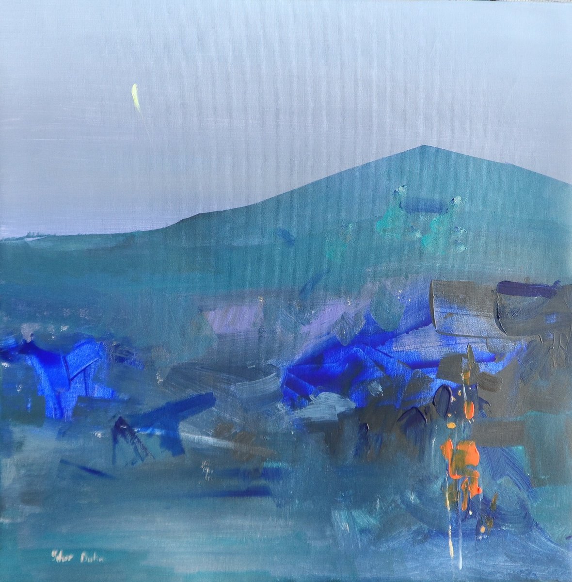 Impressionistic Landscape Acrylic Painting By Yehor Dulin, 28 X 28", "Night In The Mountains", Original Artwork