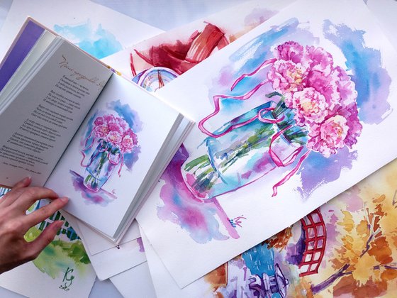 "Bright bouquet of carnations still life in a vase" original watercolor art work illustration