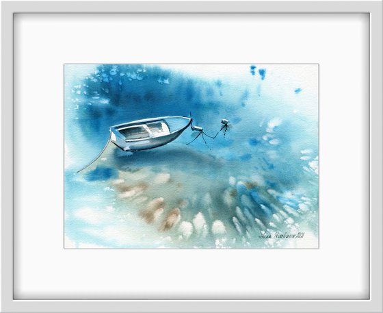 Boat in shallow water original painting  watercolor artwork with a boat in turquoise water medium  size, decor for living room gift idea