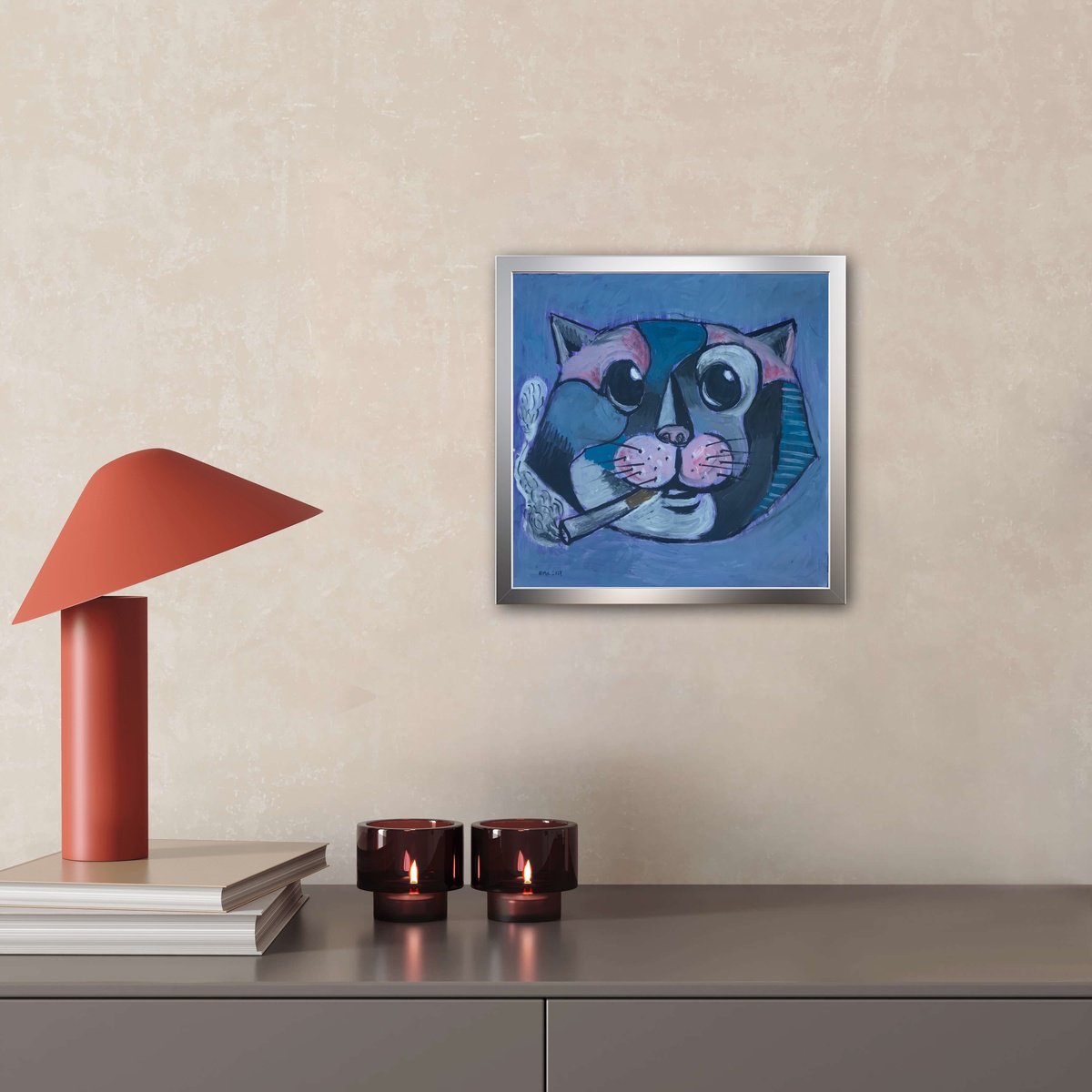 Geometric Animal Oil Painting By Roberto Munguia Garcia, 12 X 12", Smoking Cat, Original Artwork