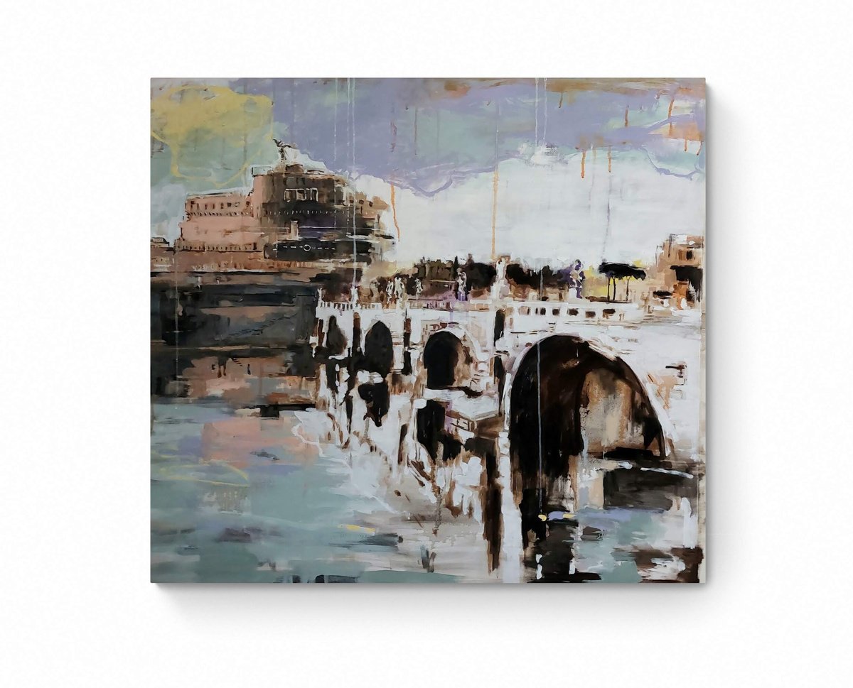 Expressive Cityscapes Oil Painting By Cinzia Busto, 35 X 31, Pioggia Viola Su Roma - Purple Rain Over Rome, Original Artwork