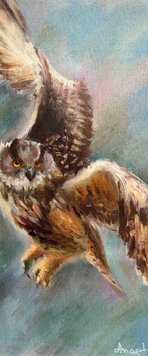 Flying Eagle Owl Birds Painting Wild Nature by Anastasia Art Line