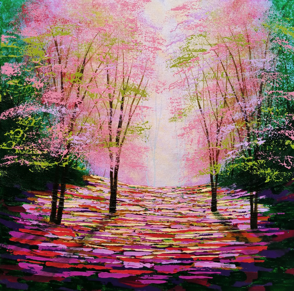 Impressionistic Landscape Acrylic Painting By Amanda Horvath, 16 X 16, Amber Glow, Original Artwork
