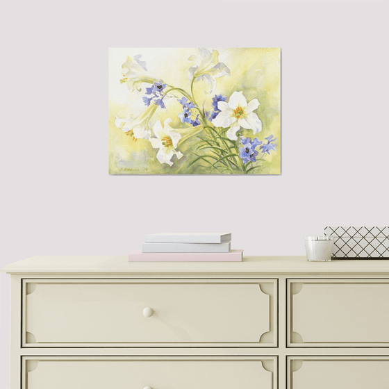 White lilies and blue delphinium / ORIGINAL watercolor 14x11in (38x28cm).