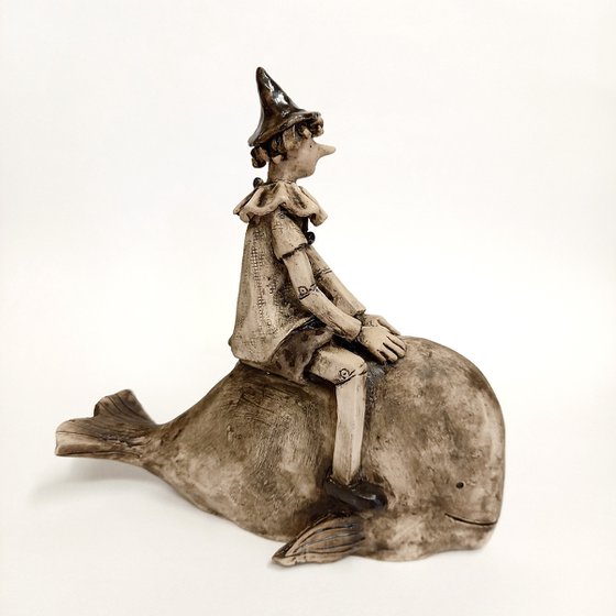 Pinocchio and the Whale, ceramic sculpture by Izabell Nemeckek