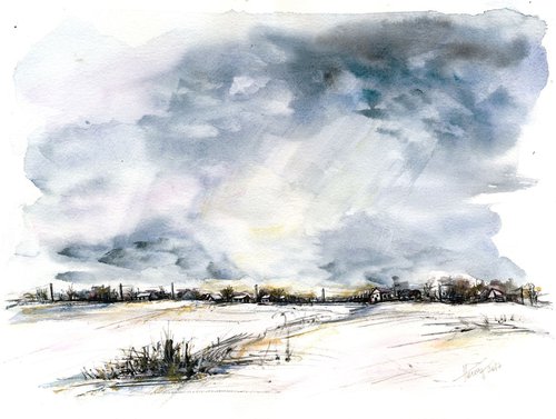 Clouds on the horizon - original watercolor painting by Aniko Hencz