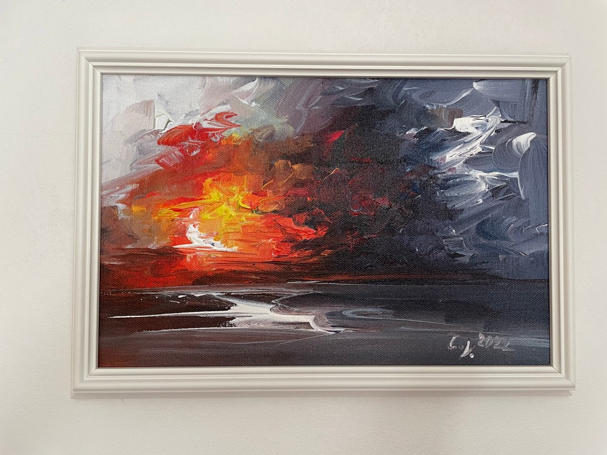 Abstract Landscape Acrylic Painting By Timea Valsami, 13 X 9", Abstract Sunset, Original Artwork
