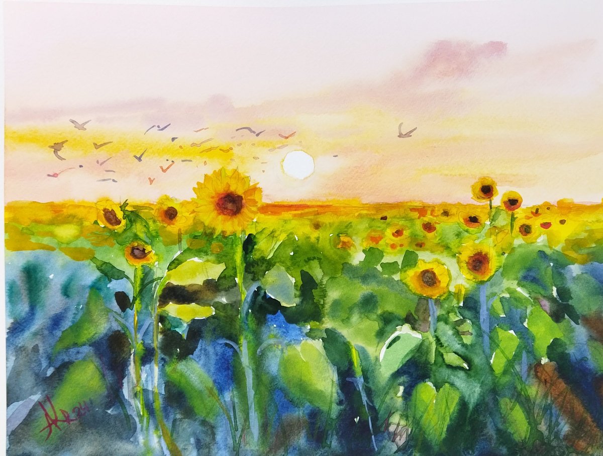 Impressionistic Landscape Drawing By Ann Krasikova, 13 X 10, Sunset In Sunflowers, Original Artwork