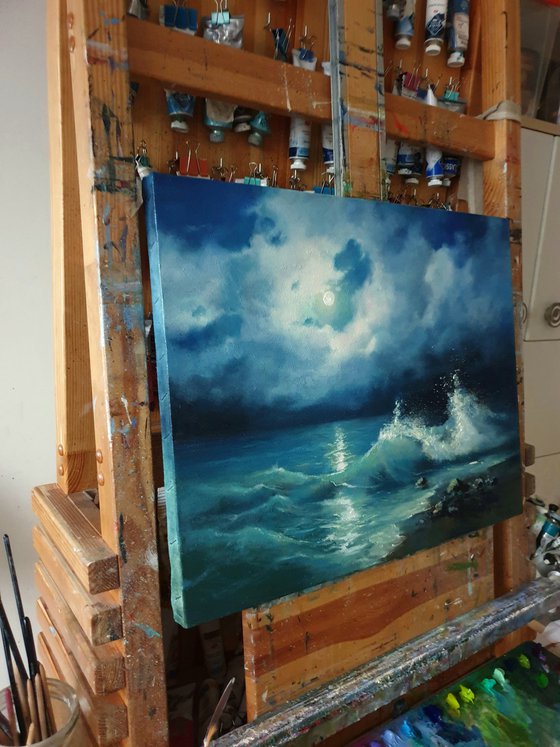 "Night sea." seascape sea night liGHt original painting  GIFT (2020)