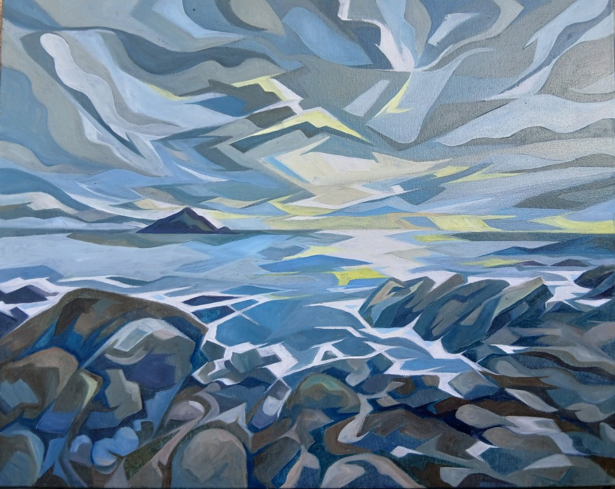 Geometric Oil Painting , The Mew Stone, Weather Approaching By Andrew Clayton, 30 X 24, Artwork For Sale On Artfinder