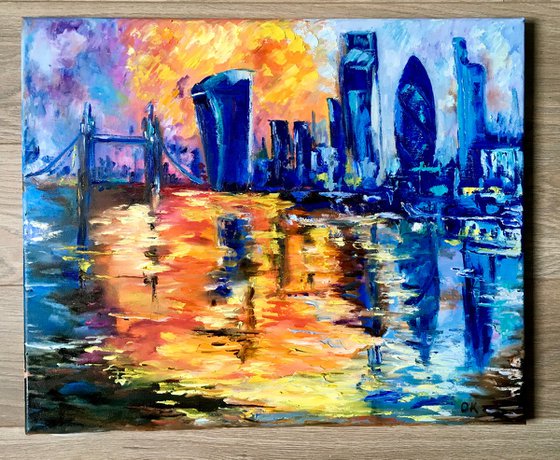 London city, Abstract sunset  variations of blue colors: ultramarine, navy blue, turquoise, sky blue, cobalt, palette knife original artwork.