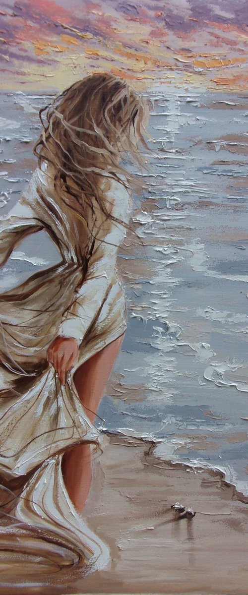 " SEASHORE ... " for Julie SUN SKY SEA SAND liGHt  ORIGINAL OIL PAINTING, GIFT, PALETTE KNIFE by Monika Luniak
