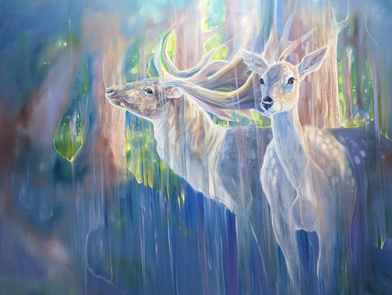 Divine Monarchs in Blue, large semi-abstract deer painting