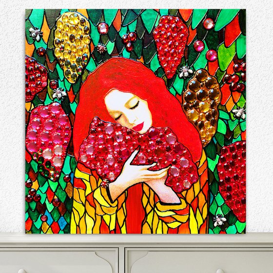 Woman and grape - original portrait photo collage with crystals