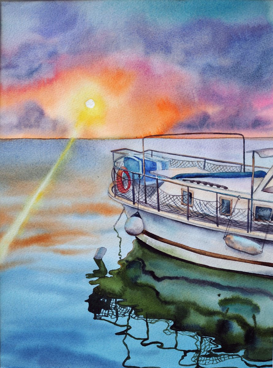 Impressionistic Landscape Watercolour By Delnara El, 11 X 15, Boat At Sunset, Original Artwork