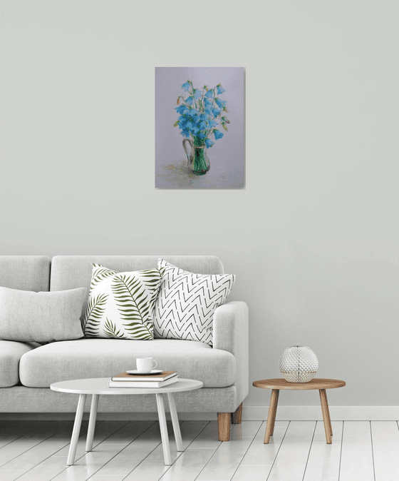 Bluebells flowers. Pastel drawing on bluish paper. 48х65