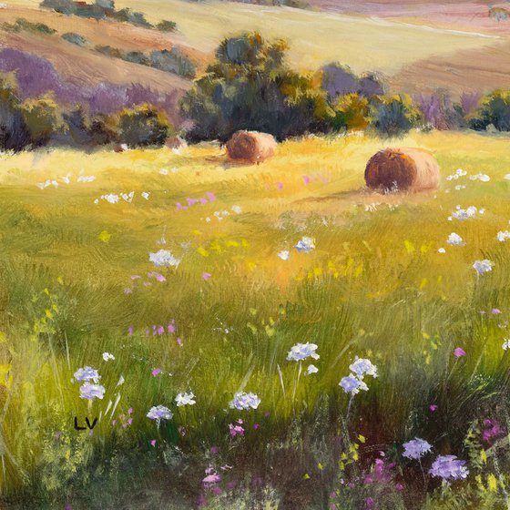 Hay bales in a field of flowers