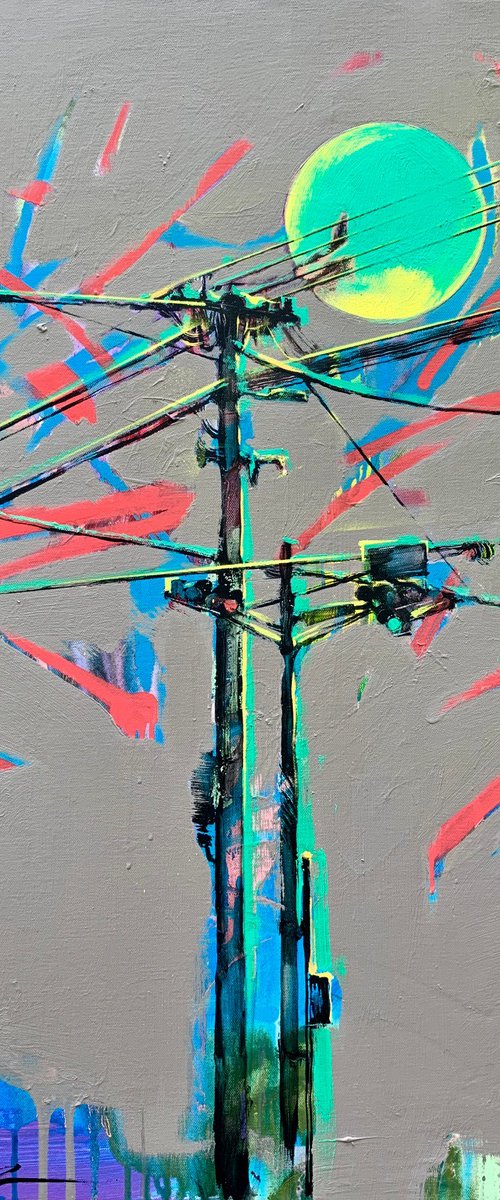 Urban painting - "Green Sun" - Pop art - Bright - Street art - Sunset - City - Street - Grey&Green by Yaroslav Yasenev