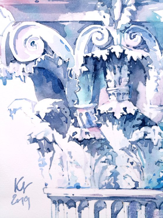 Modern architectural still life "The capital of an antique plaster column decorated with leaves and curls. A sketch in blue tones" original watercolor