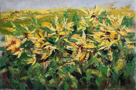 Sunflowers ... Summer ... Sun ... Wind ... / PAINTING CREATED WITH A PALETTE KNIFE / ORIGINAL PAINTING