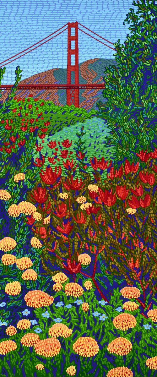 Golden Gate View With Flowers by Alex Nizovsky