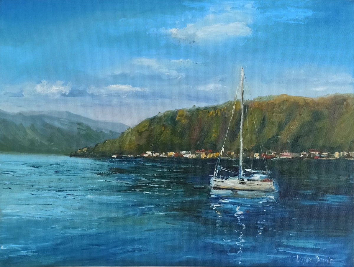 Impressionistic Landscape Oil Painting By Leyla Demir, 16 X 12", Sailing Boats At Sea, Original Artwork