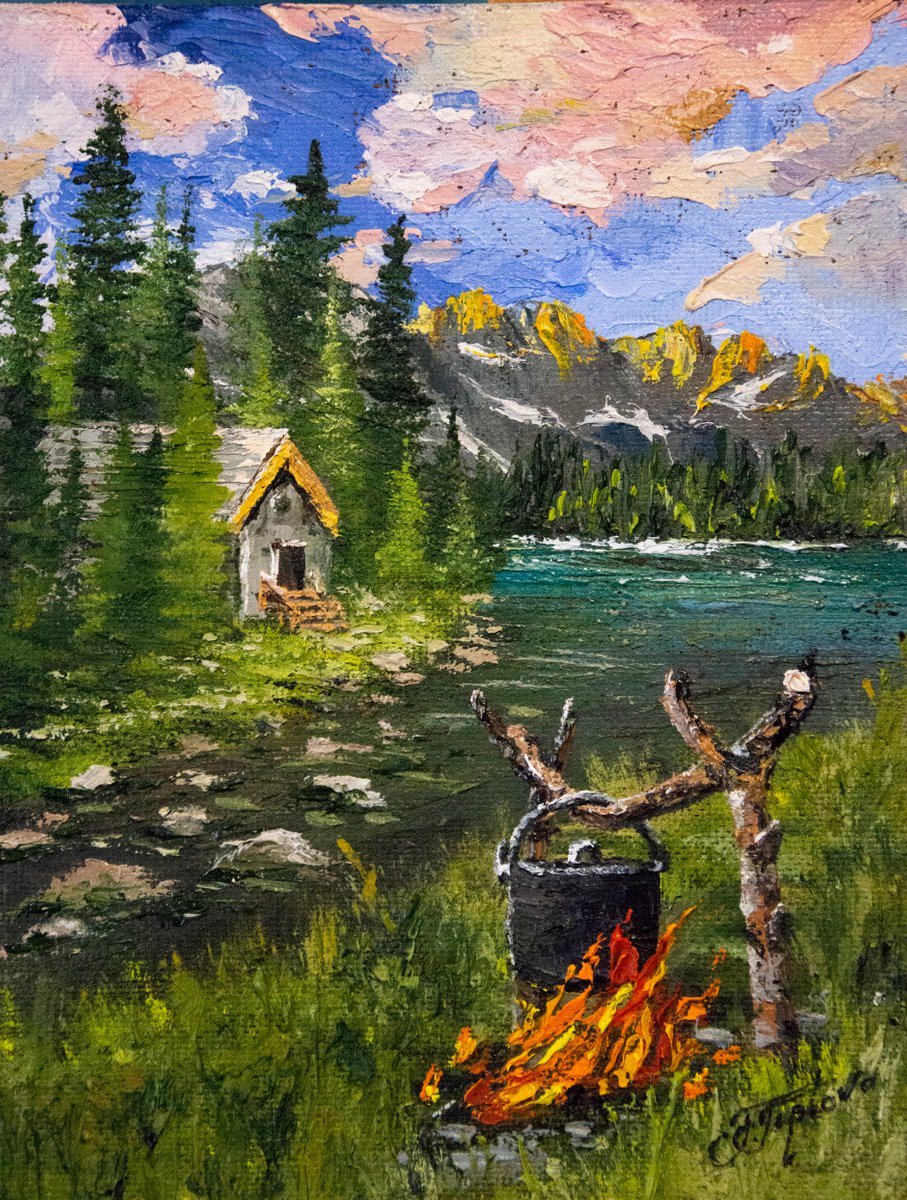 Impressionistic Landscape Oil Painting By Tetiana Tiplova, 4 X 5", Camping By The Lake, Original Artwork